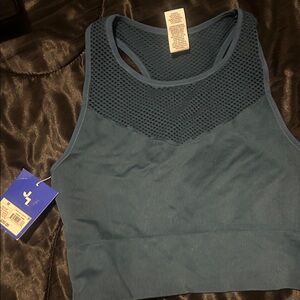JoyLab Teal Blue Mesh Yoke Seamless Sports Bra